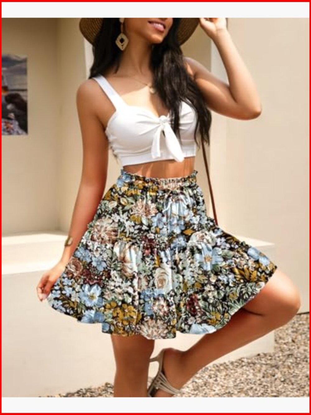 High Waist Floral Mini Skirt with Drawstring Tiered Ruffle Design - Picture 3 of 7